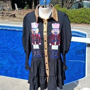 Black dress w sequined nutcrackers, long sleeves, Sz M